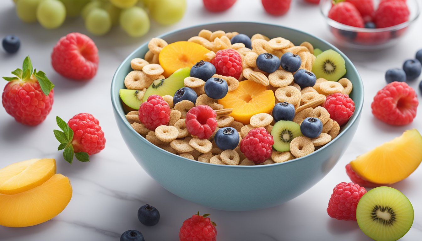 A bowl of NurturMe Organic Power Blend cereal with probiotics surrounded by vibrant fruits and a glass of milk