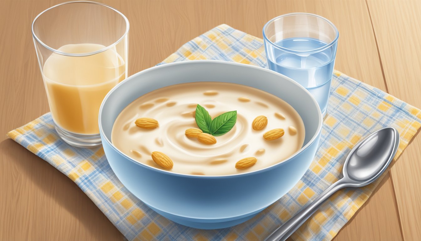 A bowl of Nestlé Cerelac Wheat with Milk surrounded by a spoon and a glass of water on a placemat