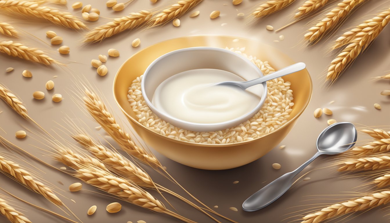 A bowl of Nestle Cerelac Wheat with Milk surrounded by scattered wheat grains and a glass of milk on the side