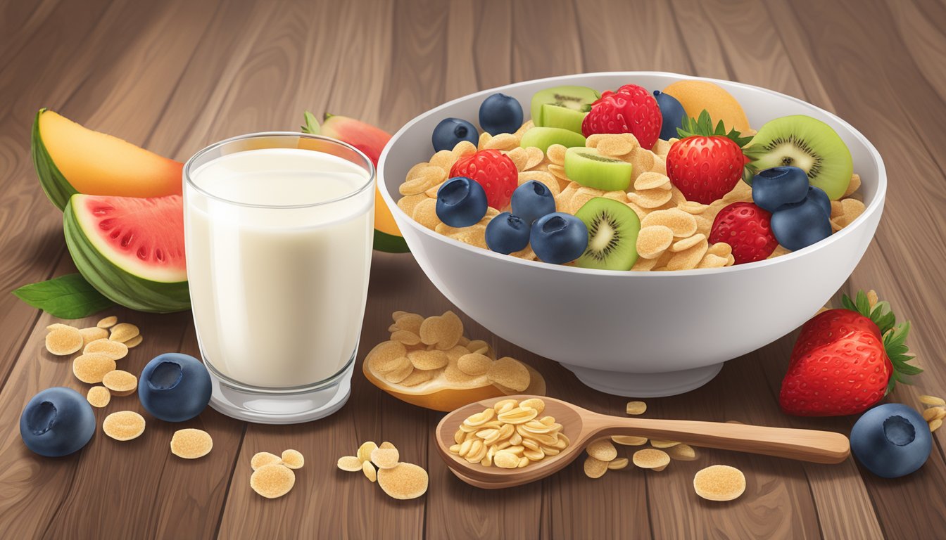 A bowl of NurturMe Organic Power Blend cereal with probiotics surrounded by fresh fruits and a glass of milk on a wooden table