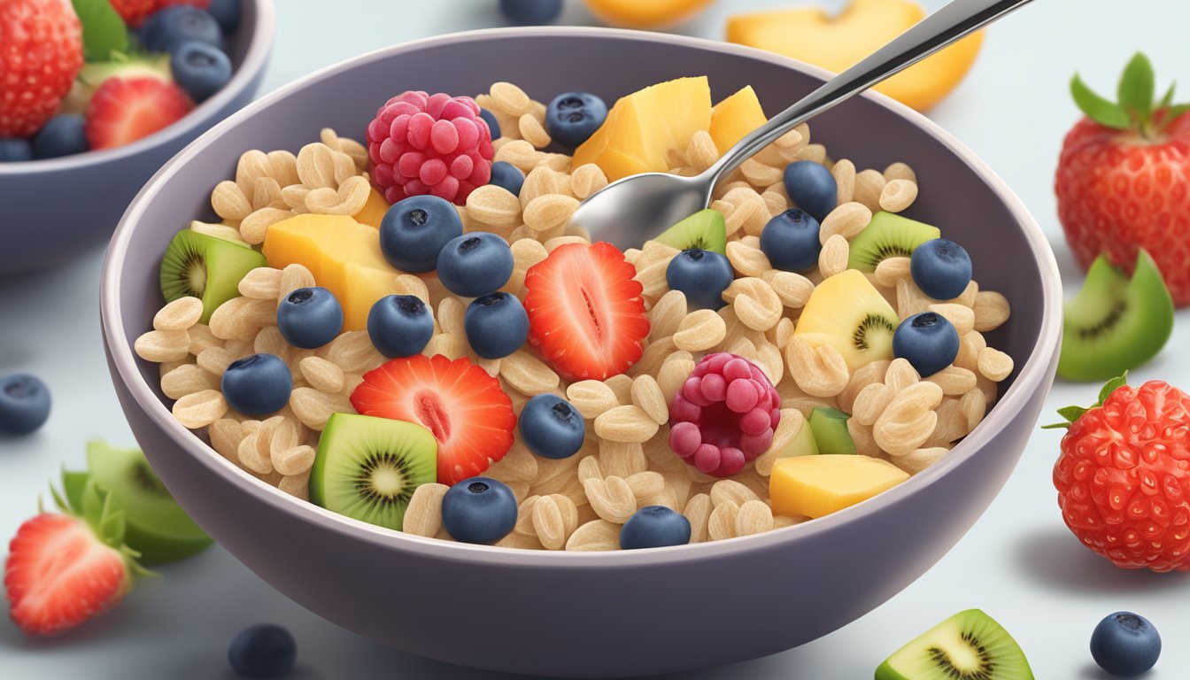 A bowl of NurturMe organic power blend cereal with probiotics surrounded by fresh fruits and a spoon