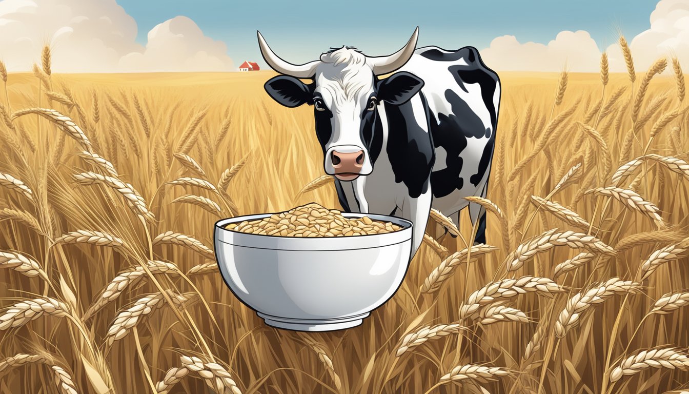 A bowl of Nestle Cerelac wheat with milk surrounded by wheat stalks and a cow grazing in the background