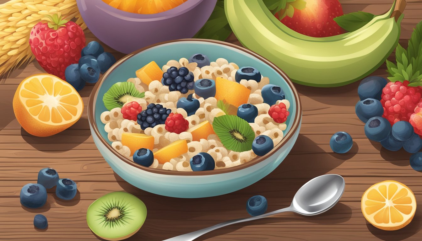 A bowl of NurturMe Organic Power Blend cereal with probiotics surrounded by fresh fruits and a spoon on a wooden table