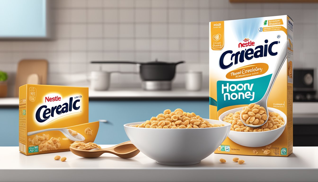 A bowl filled with Nestle Cerelac wheat and honey cereal sits next to a spoon on a clean kitchen counter. A box of the cereal is open in the background