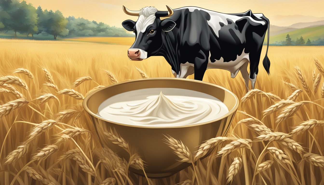 A bowl of Nestle Cerelac wheat with milk surrounded by wheat stalks and a cow grazing in the background