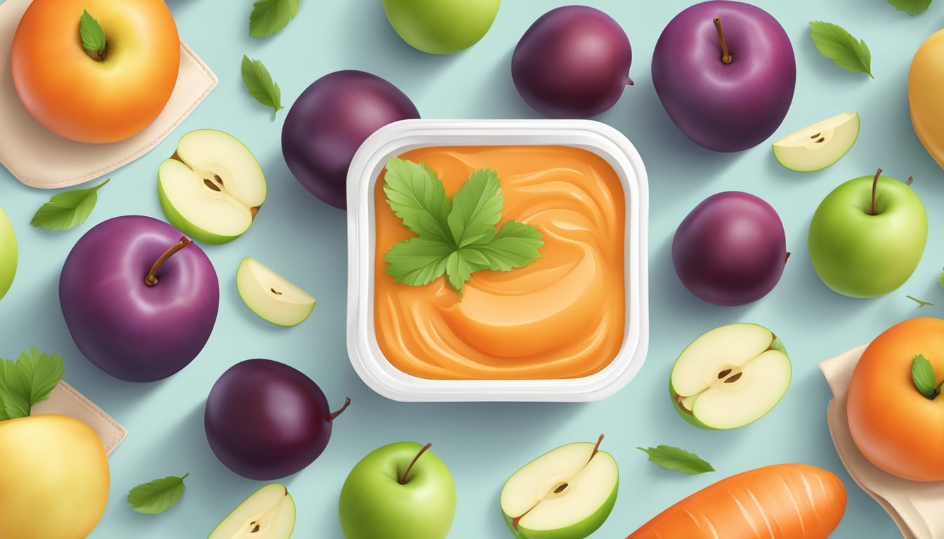 A colorful pouch of Plum Organics apple carrot baby food surrounded by fresh apples and carrots