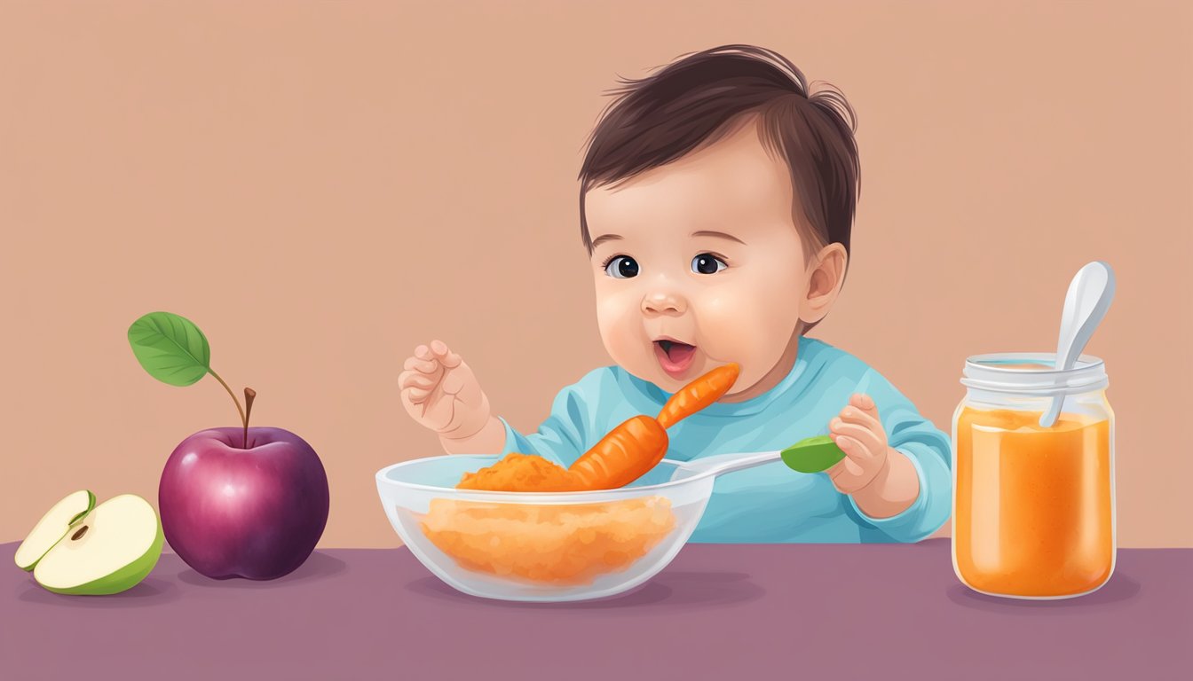 A spoonful of plum organics apple carrot baby food being lifted towards a baby's mouth