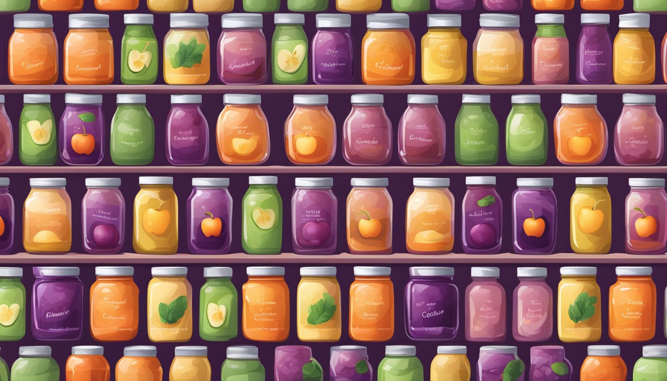 A colorful array of Plum Organics baby food jars, featuring apple and carrot varieties, arranged on a shelf