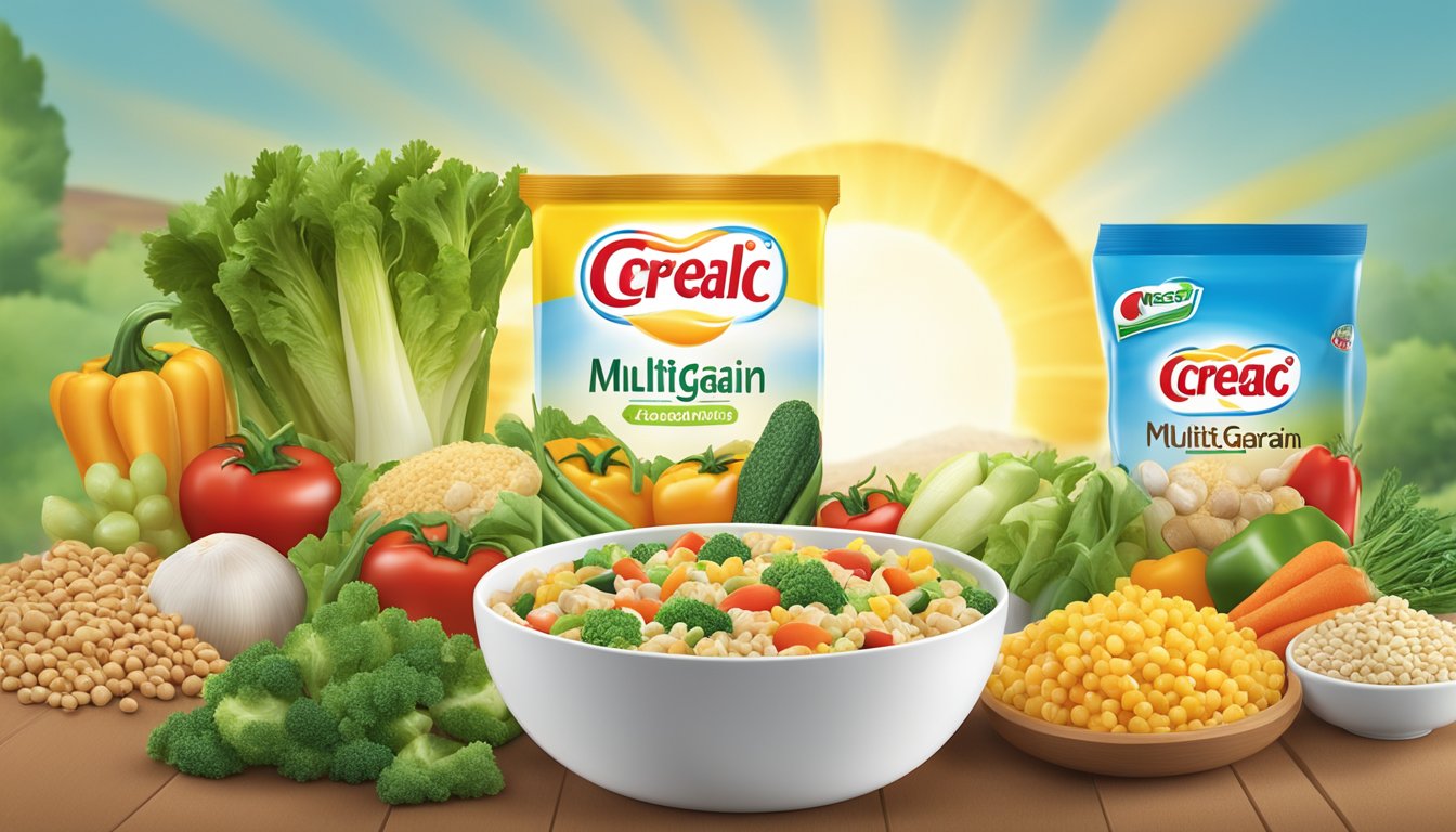 A bowl of Nestle Cerelac multigrain and garden vegetables surrounded by fresh produce and a smiling sun