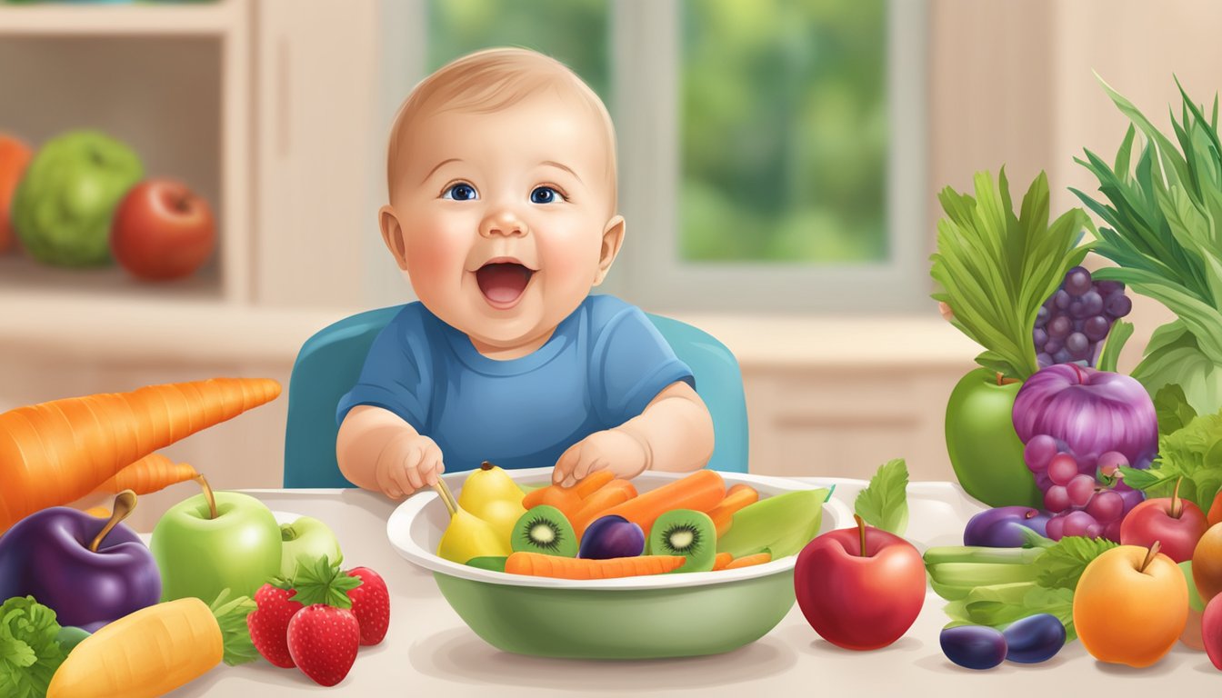 A baby happily eating plum organics apple carrot baby food, surrounded by colorful fruits and vegetables