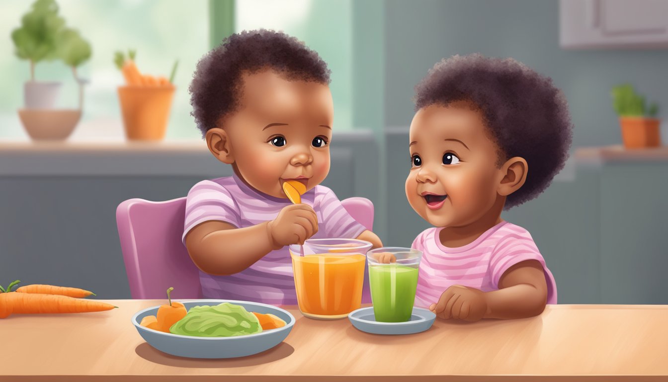 A spoonful of plum organics apple carrot baby food being offered to a young child sitting in a high chair