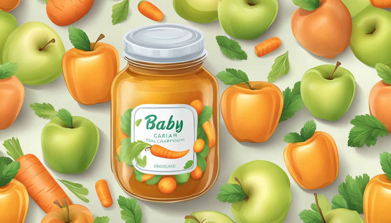 A baby food jar surrounded by fresh apples and carrots