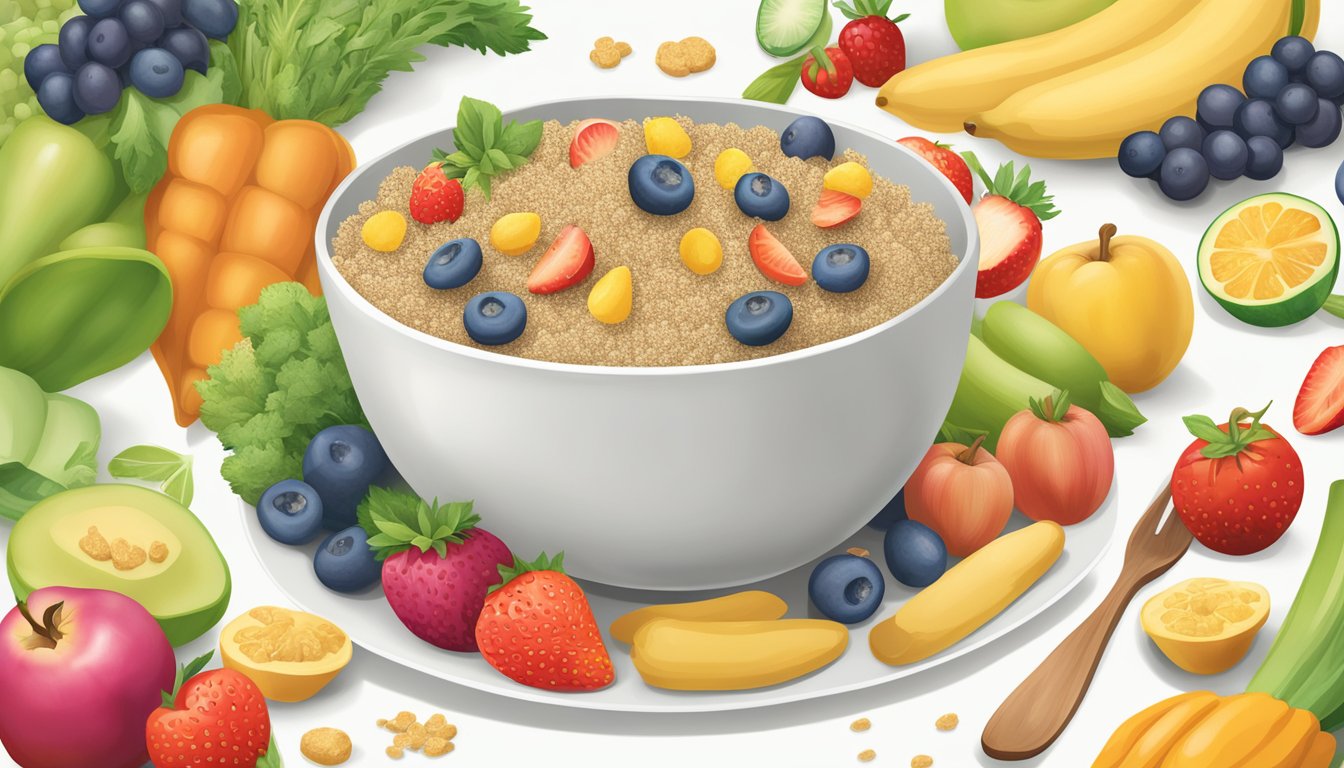 A bowl of WutsupBaby organic quinoa infant baby cereal surrounded by colorful fruits and vegetables, emphasizing its nutritional advantages