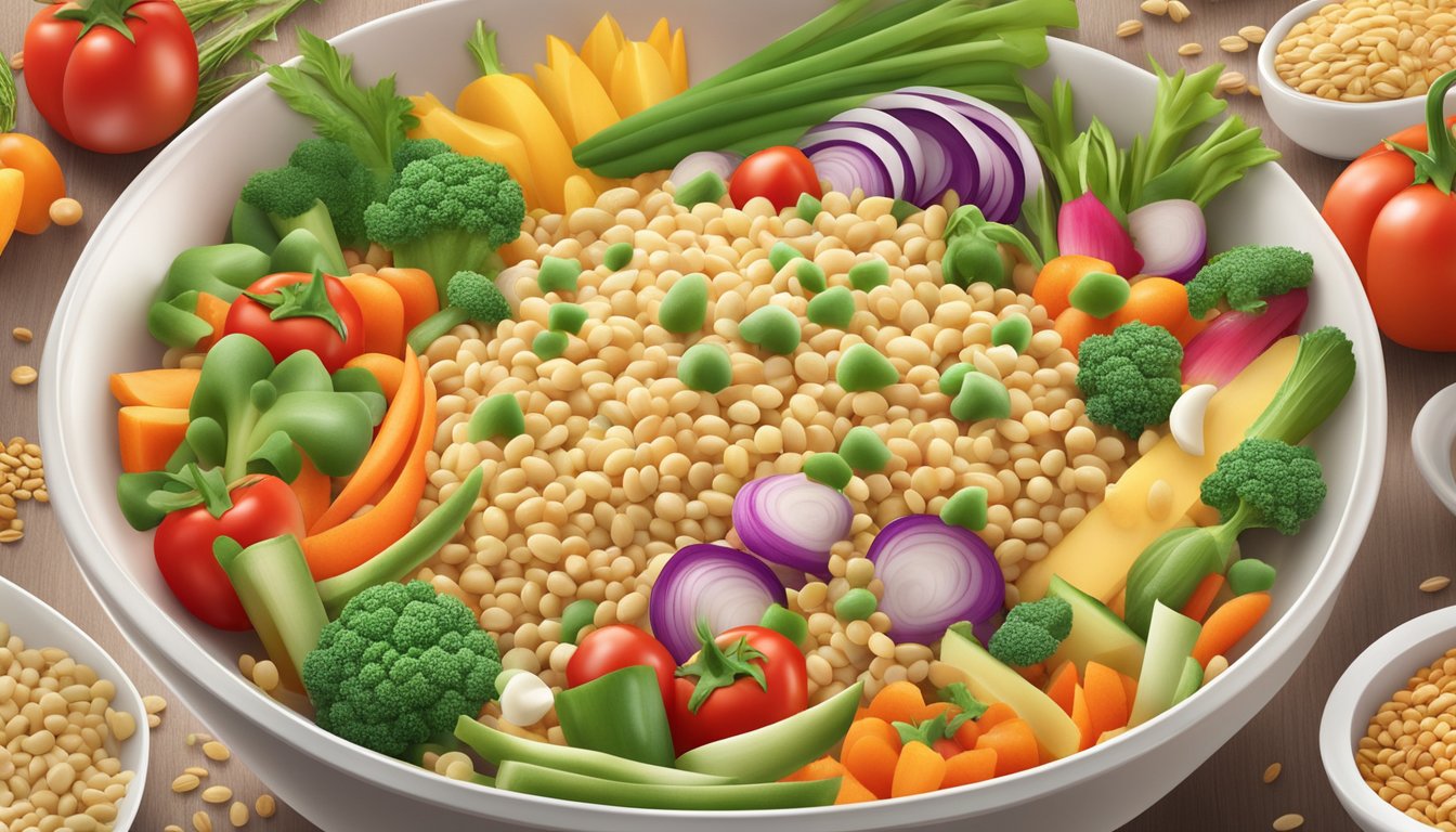 A colorful bowl of Nestle Cerelac Multigrain and Garden Vegetables surrounded by fresh vegetables and grains