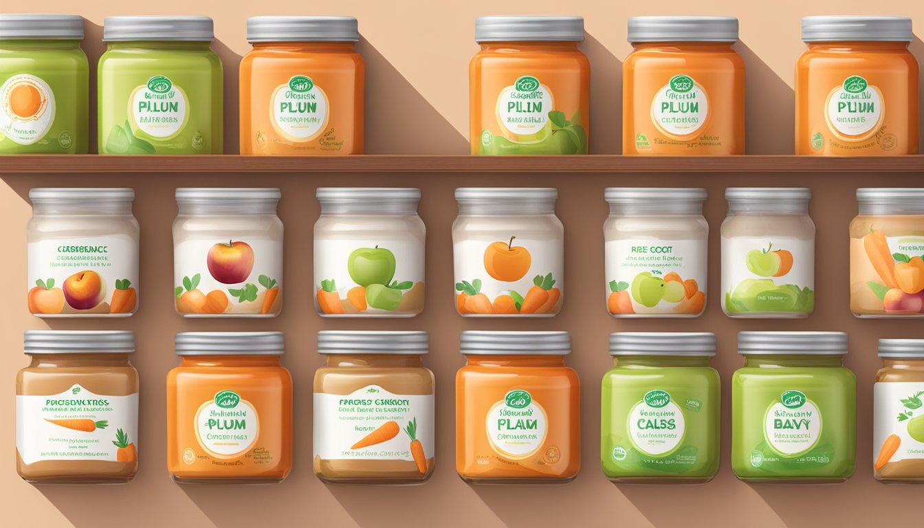 A stack of Plum Organics apple carrot baby food jars surrounded by fresh apples and carrots, with eco-friendly packaging materials in the background