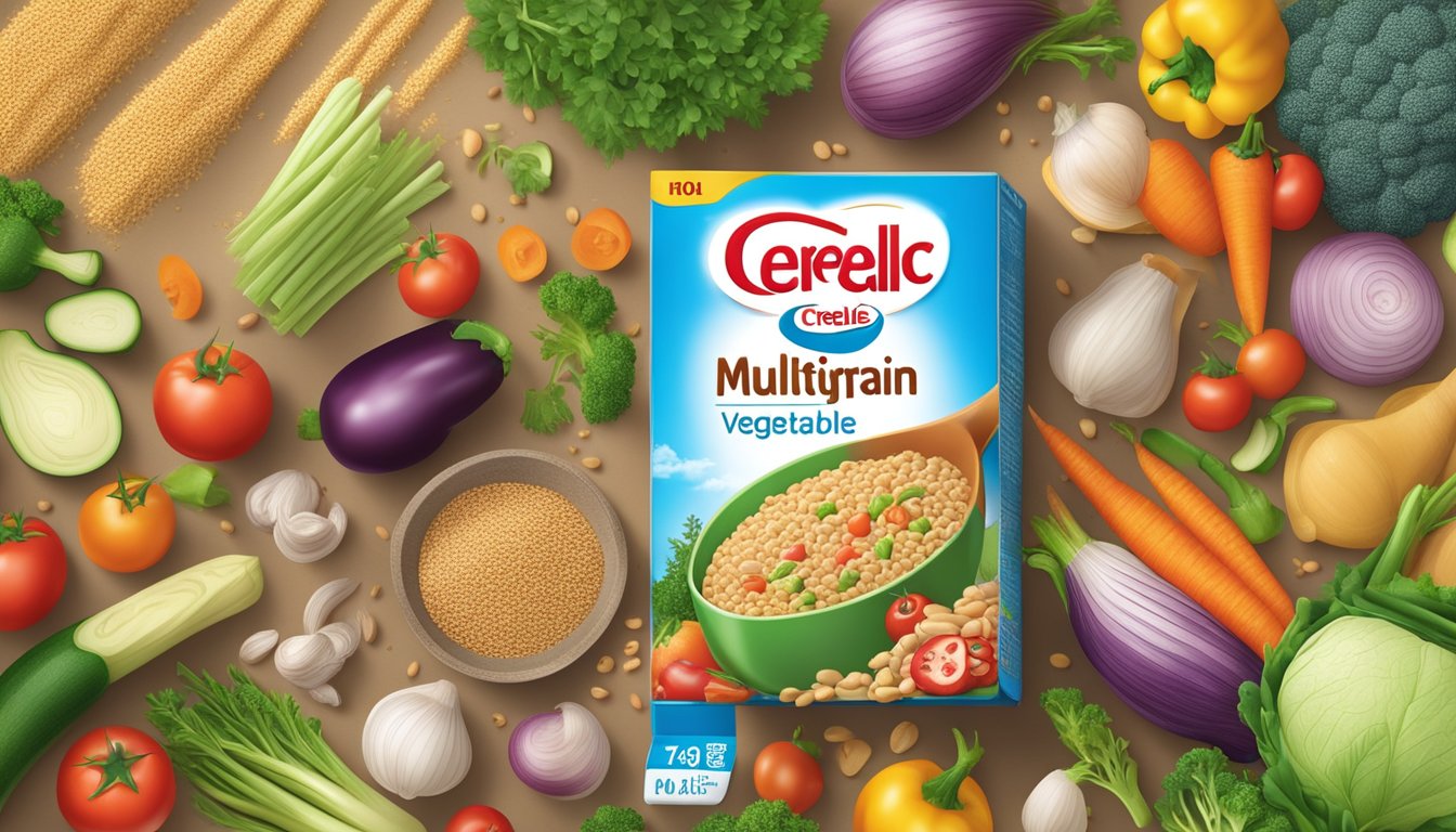 A colorful box of Nestle Cerelac Multigrain and Garden Vegetables surrounded by fresh vegetables and grains, with a shelf in the background