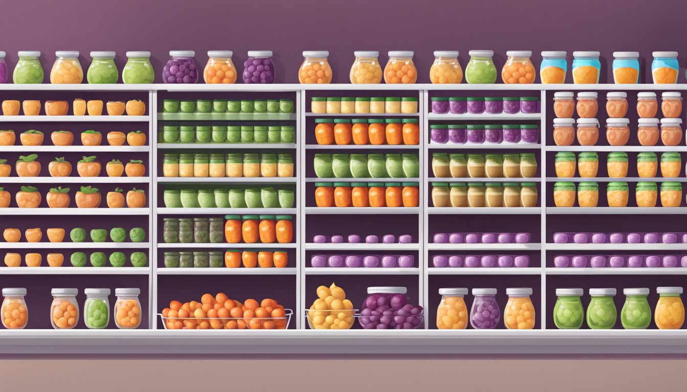 A shelf with rows of Plum Organics apple carrot baby food jars in a grocery store