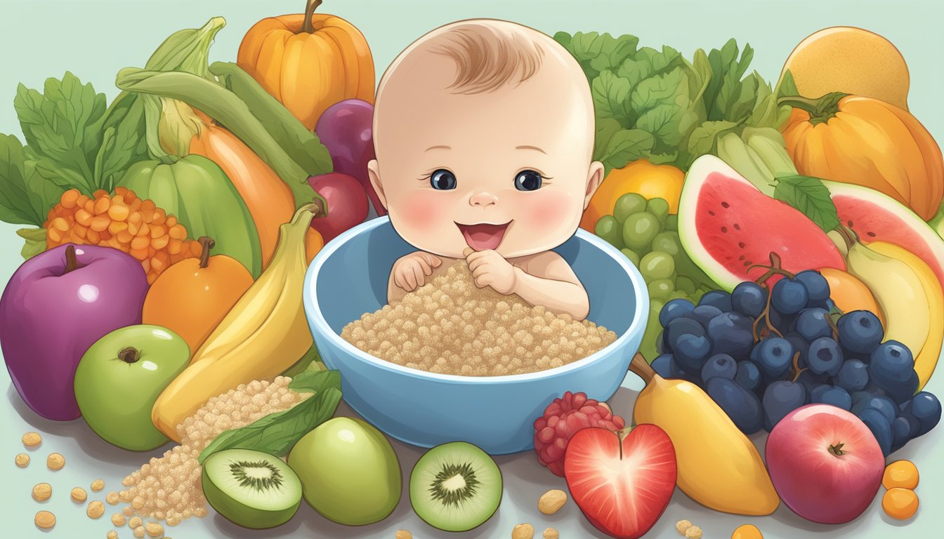 A spoonful of wutsupbaby organic quinoa infant baby cereal surrounded by colorful fruits and vegetables, showcasing the nutritious benefits of quinoa in infant feeding