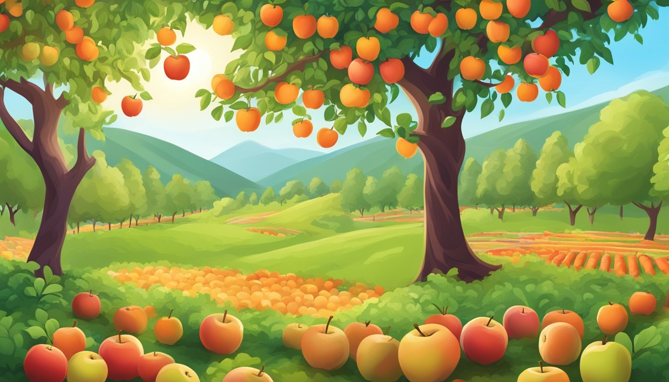 A vibrant apple orchard with carrots growing in the background, showcasing the natural ingredients of Plum Organics baby food