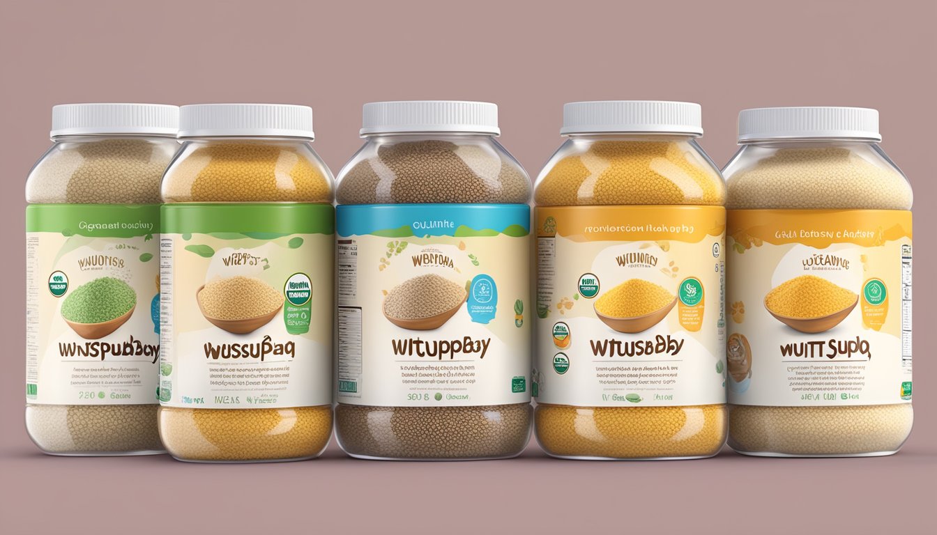 A colorful display of various containers of Wutsupbaby organic quinoa infant baby cereal, with clear nutritional information and availability labels