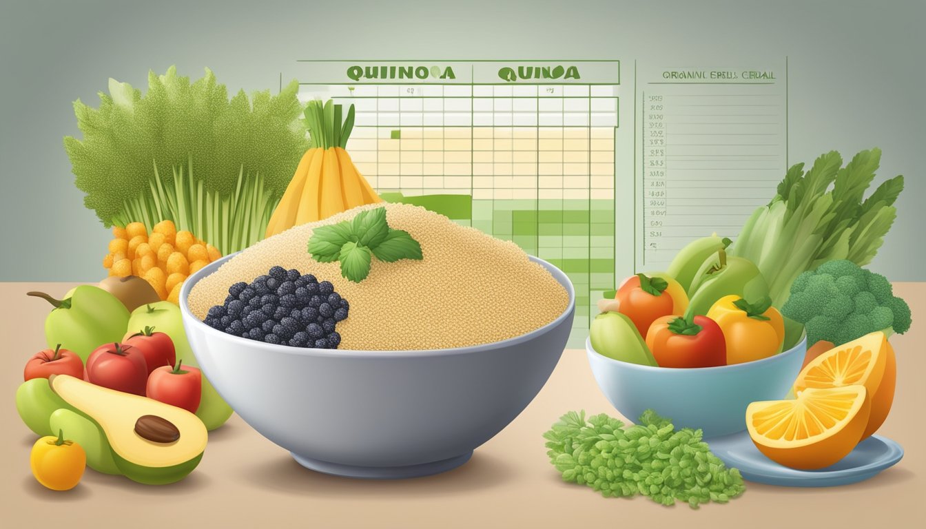 A bowl of organic quinoa infant baby cereal surrounded by fresh fruits and vegetables, with a nutritional profile chart in the background