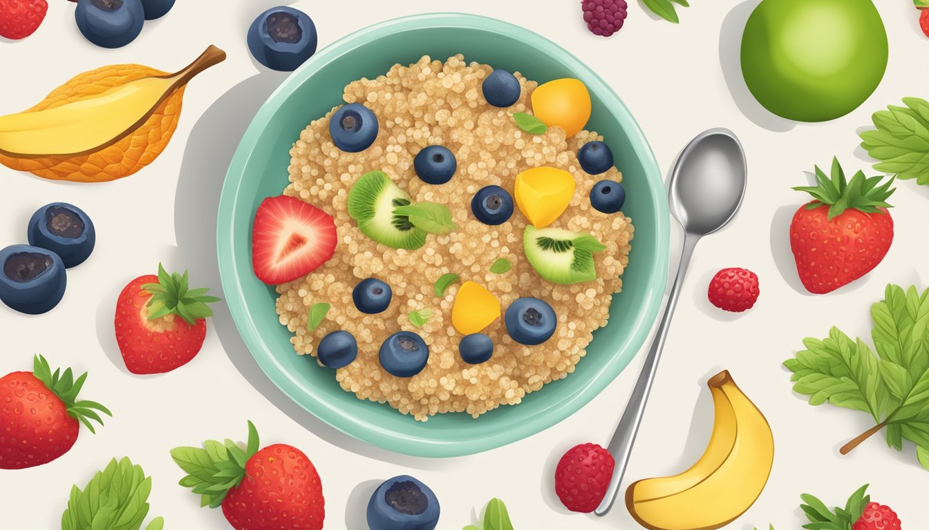 A colorful bowl of NurturMe organic quinoa baby cereal surrounded by fresh fruits and a spoon