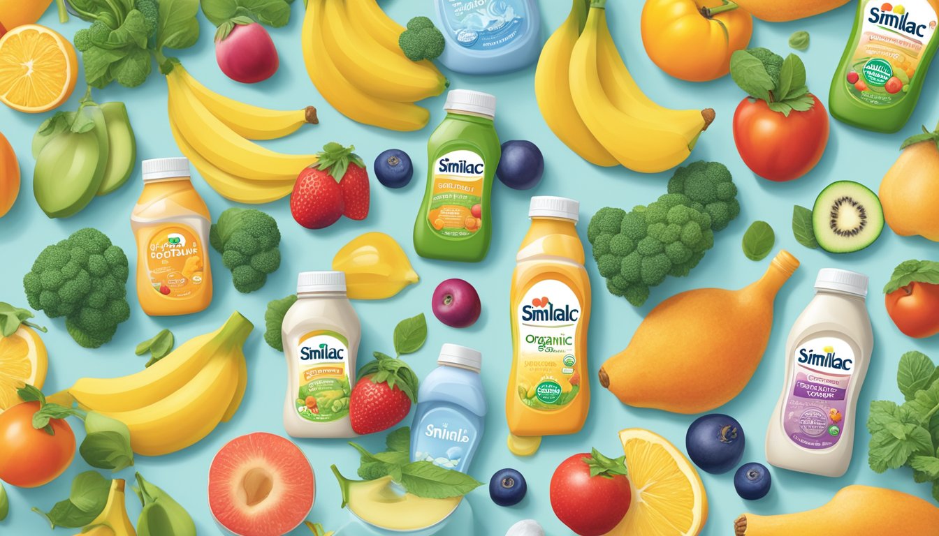 A colorful array of fresh, organic ingredients arranged around a bottle of Similac Organic Baby Formula, highlighting its nutritional benefits