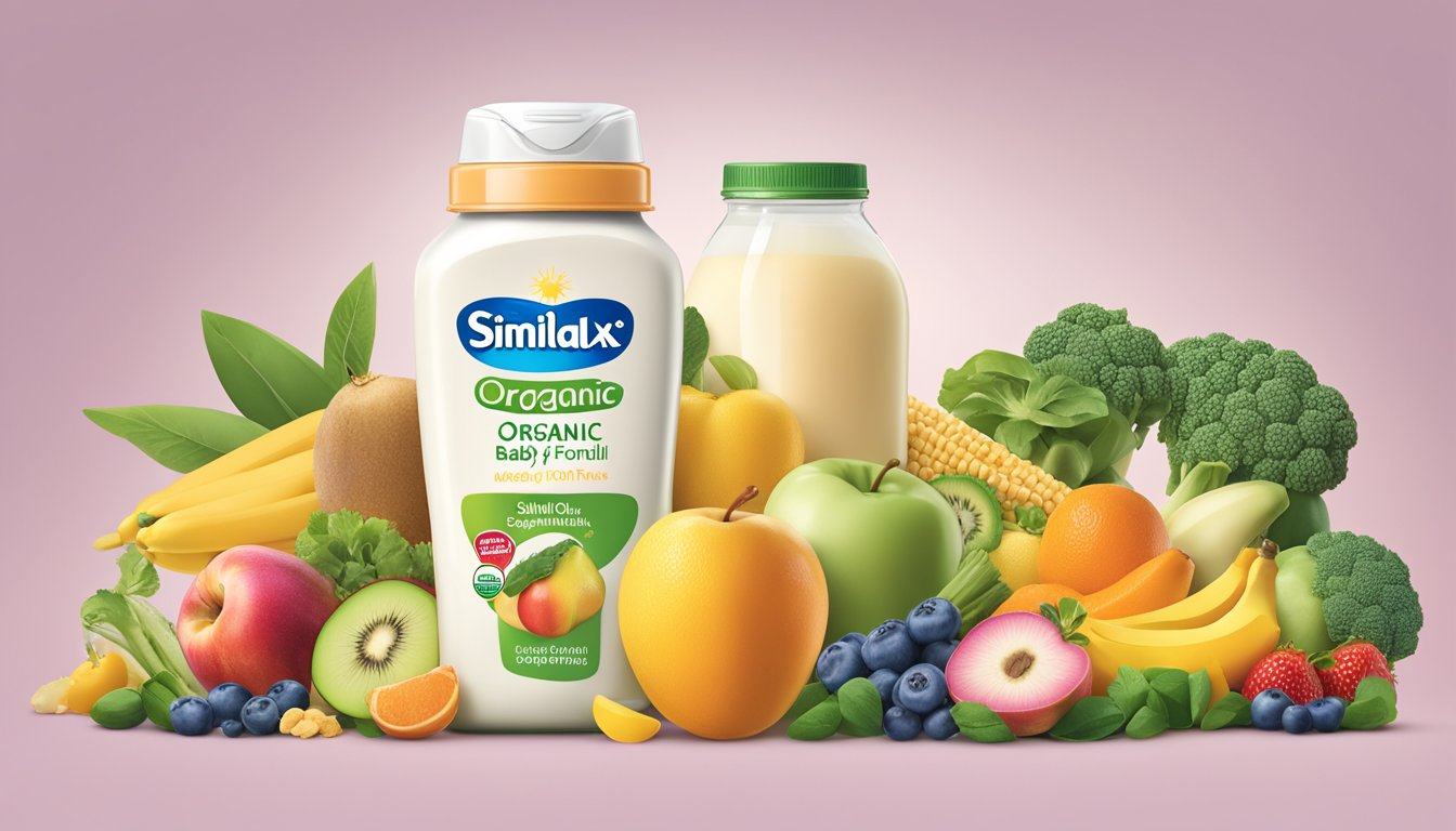 A bottle of Similac organic baby formula surrounded by fresh, organic ingredients such as fruits, vegetables, and grains, highlighting its nutritional benefits compared to breast milk