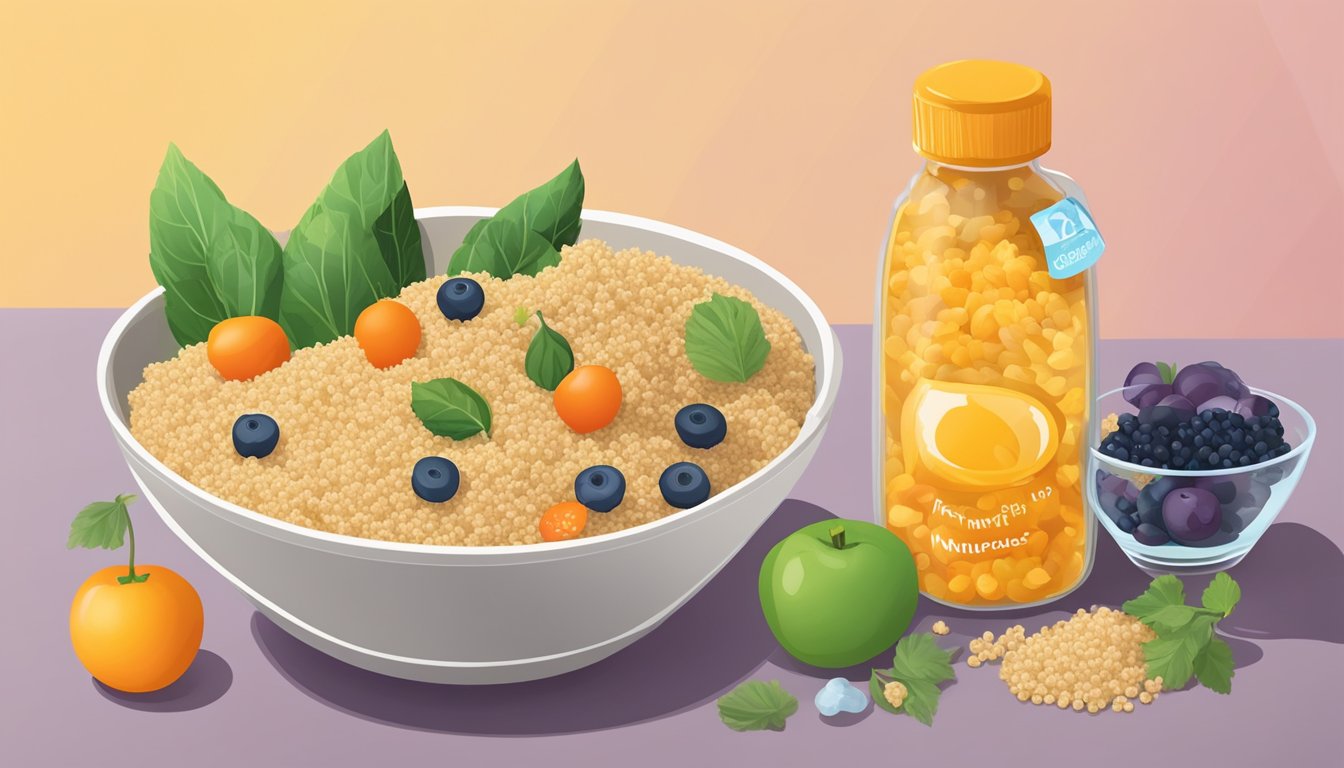 A bowl of NurturMe organic quinoa baby cereal surrounded by colorful fruits and vegetables, with a bottle of vitamins and minerals next to it