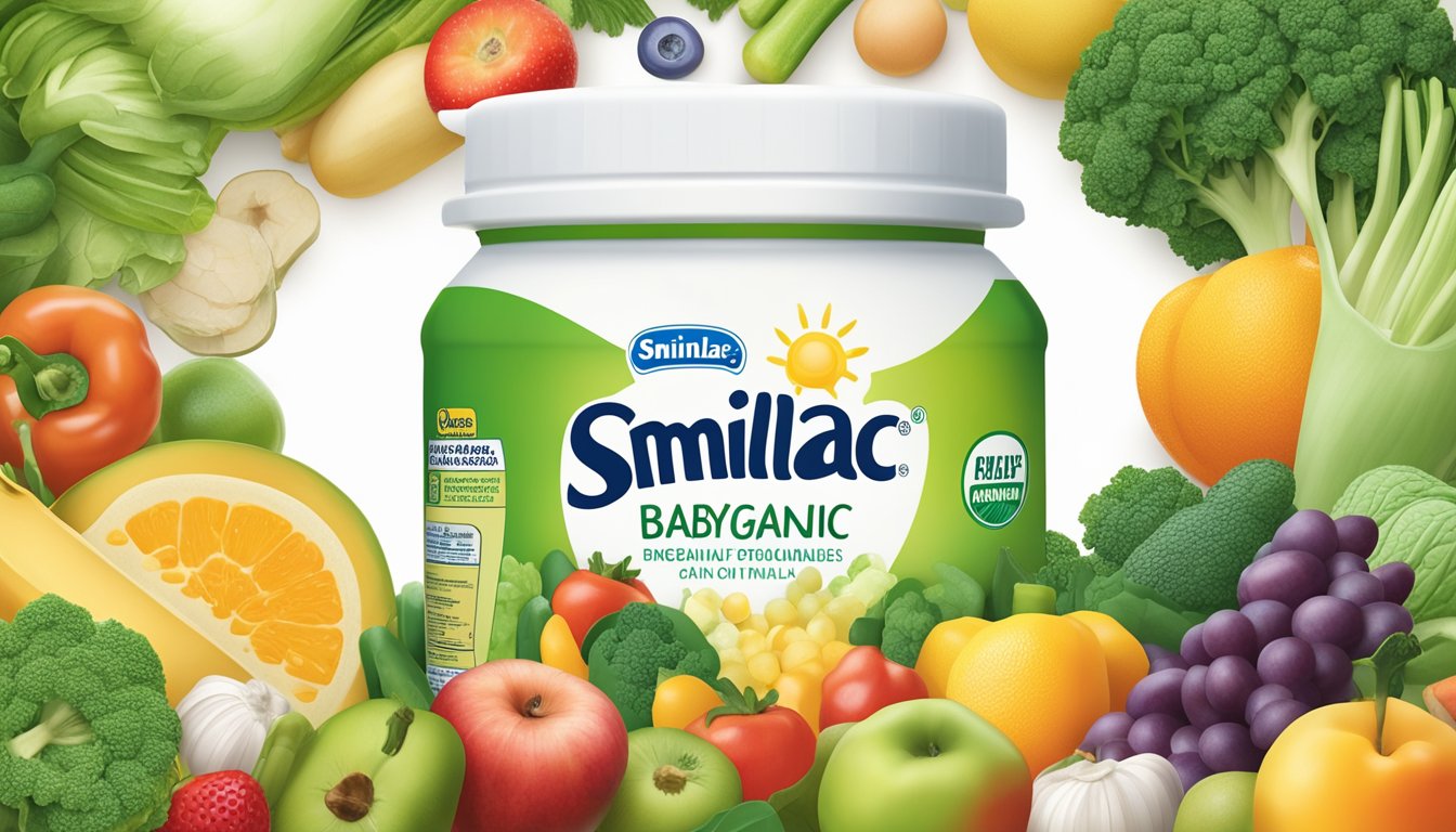 A bottle of Similac Organic baby formula surrounded by fresh fruits and vegetables, emphasizing its key nutritional components