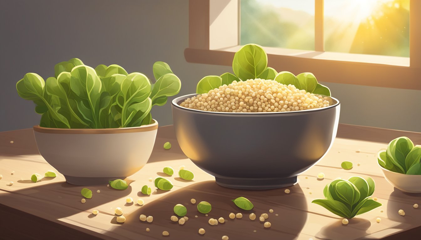 A bowl of Sprout Organic Quinoa Puffs sits on a wooden table, surrounded by scattered puffs and a few quinoa grains. Sunlight streams in from a nearby window, casting a warm glow over the scene