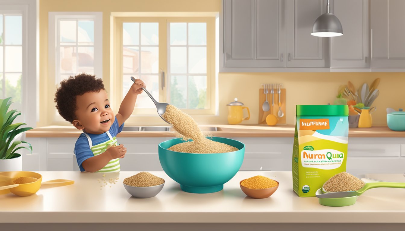 A spoonful of NurturMe organic quinoa baby cereal being poured into a bowl, surrounded by colorful, child-friendly packaging and a busy, modern kitchen backdrop