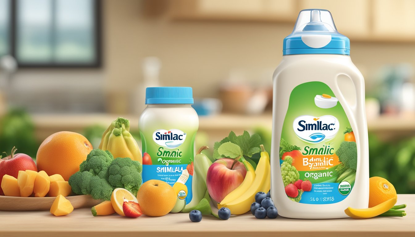 A bottle of Similac organic baby formula surrounded by fresh fruits and vegetables, with a growth chart in the background