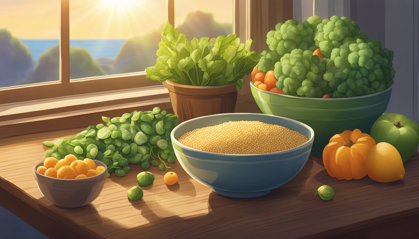 A bowl of sprout organic quinoa puffs surrounded by fresh fruits and vegetables on a wooden table. Sunlight streams in through a nearby window, casting a warm glow over the scene