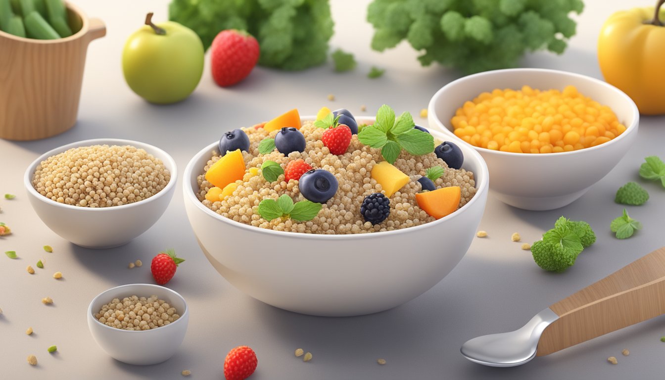 A colorful bowl of organic quinoa baby cereal surrounded by fresh fruits and vegetables, with a spoon nearby