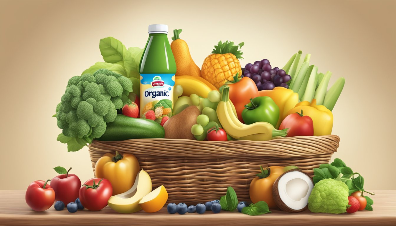 A variety of fresh, organic fruits and vegetables spilling out of a basket, with a bottle of Similac Organic baby formula placed next to them