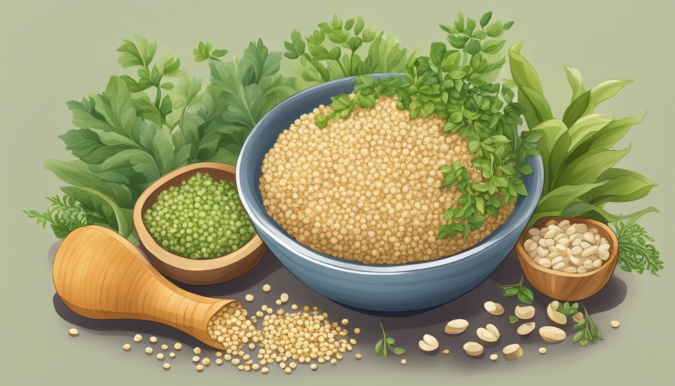 A bowl of Dietary Considerations organic quinoa puffs surrounded by sprouting plants and grains