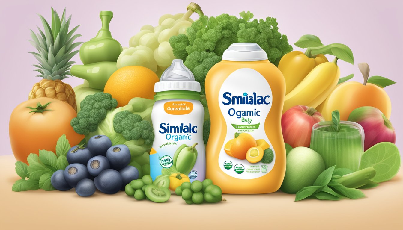 A baby bottle filled with Similac organic baby formula surrounded by fresh fruits and vegetables