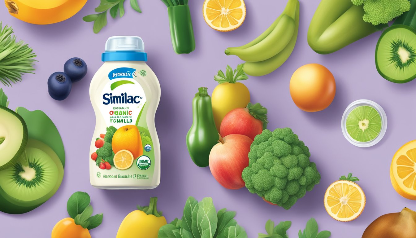 A glass bottle of Similac organic baby formula surrounded by fresh fruits and vegetables, showcasing its nutritional benefits