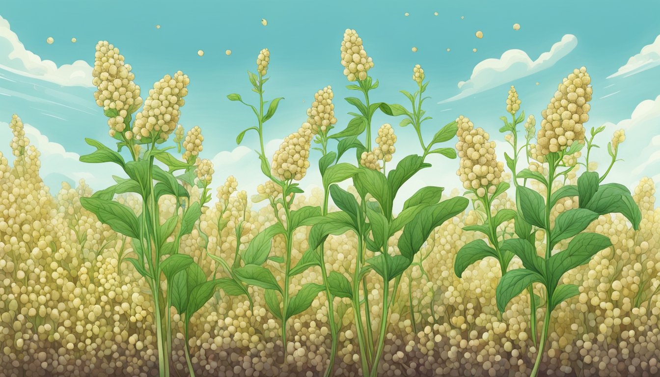 A field of quinoa plants with puffs sprouting from them