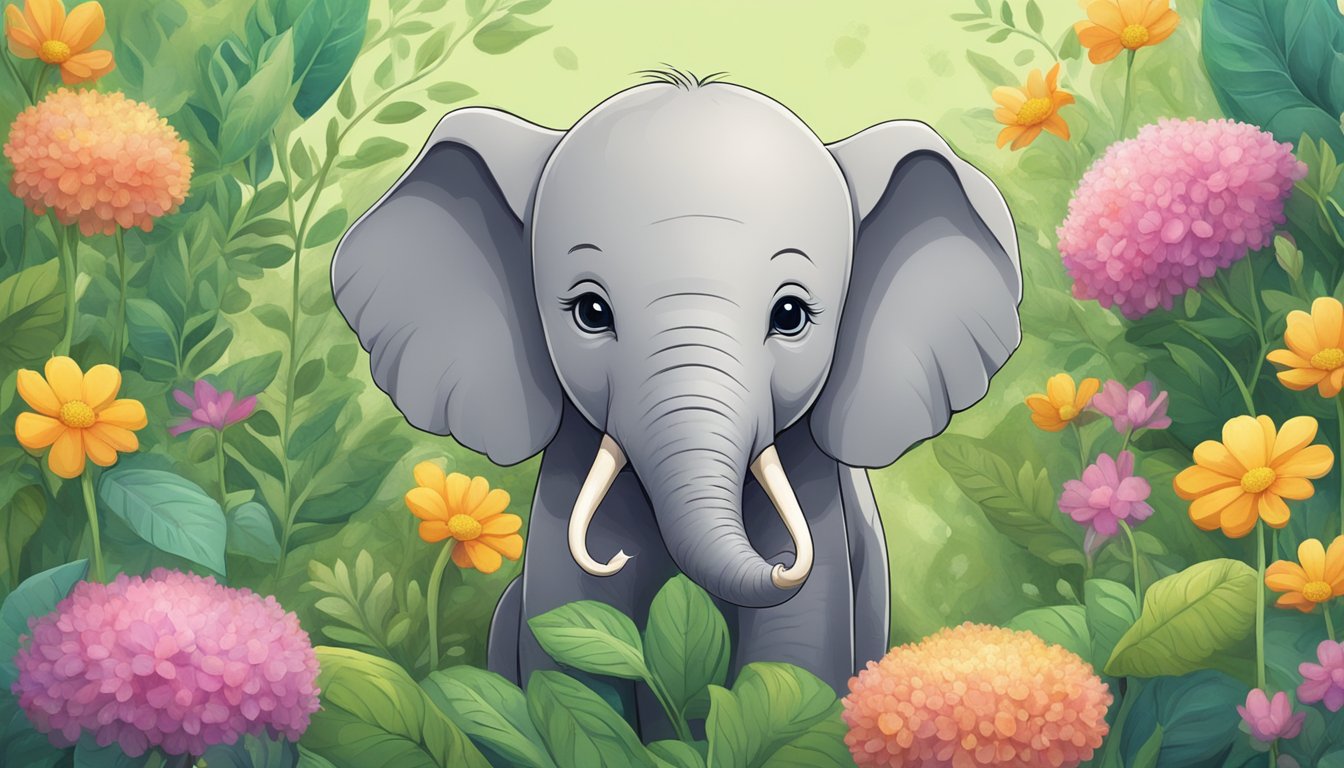 A baby elephant eagerly munches on sprout organic quinoa puffs, surrounded by lush greenery and colorful flowers