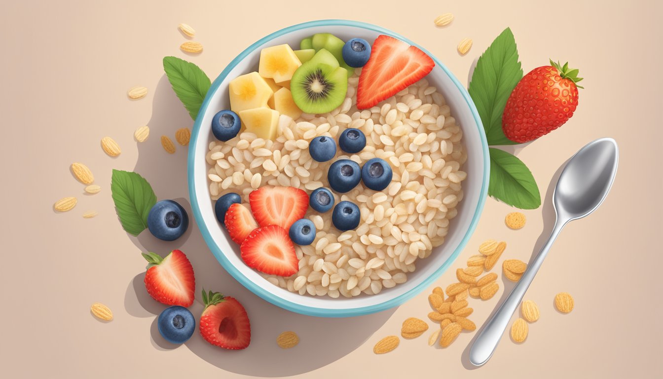 A bowl of wutsupbaby organic brown rice cereal surrounded by assorted whole grains and fresh fruits, with a glass of milk on the side