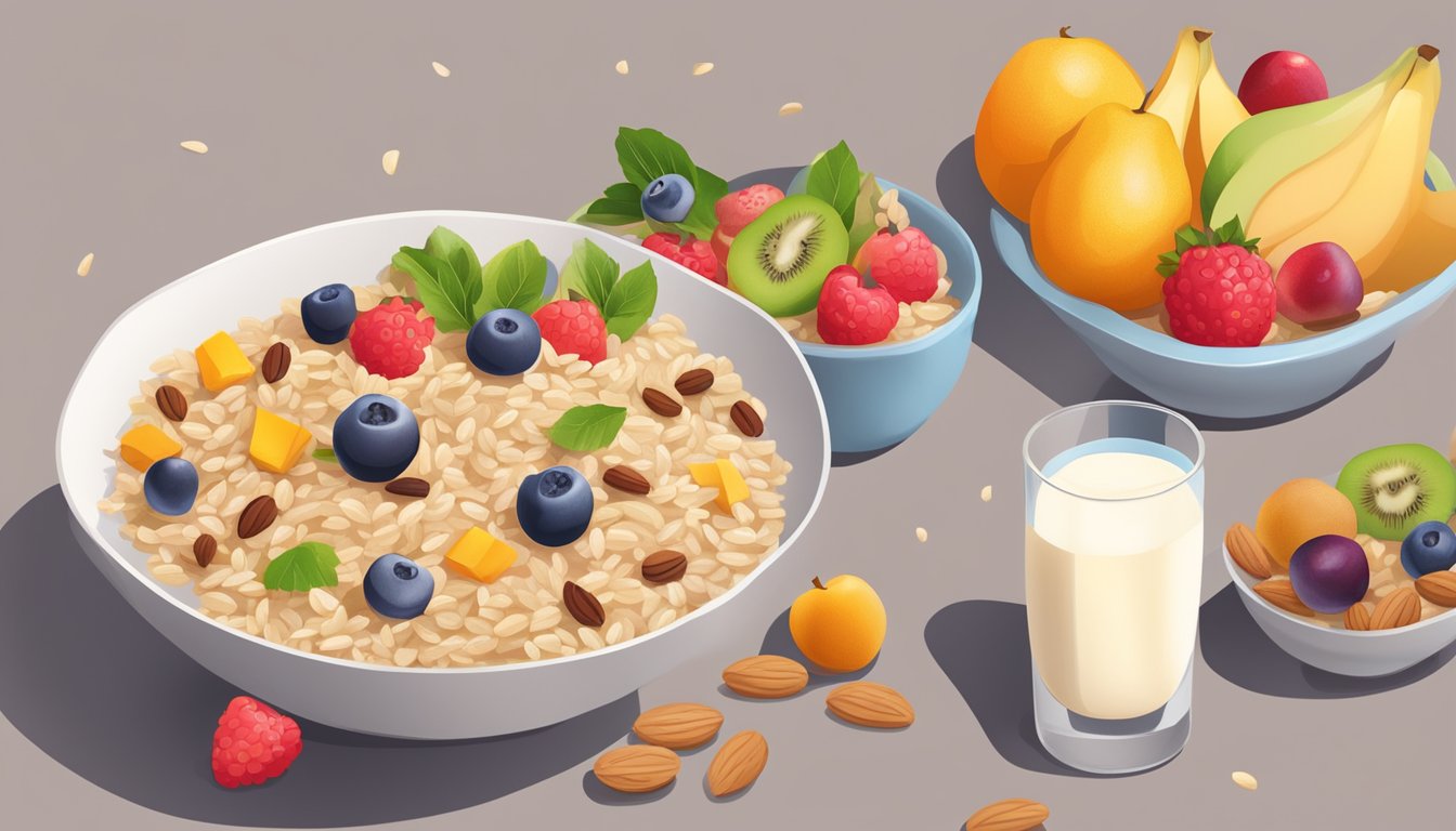 A bowl of WutsupBaby organic brown rice cereal surrounded by fresh fruits and nuts, with a glass of milk on the side