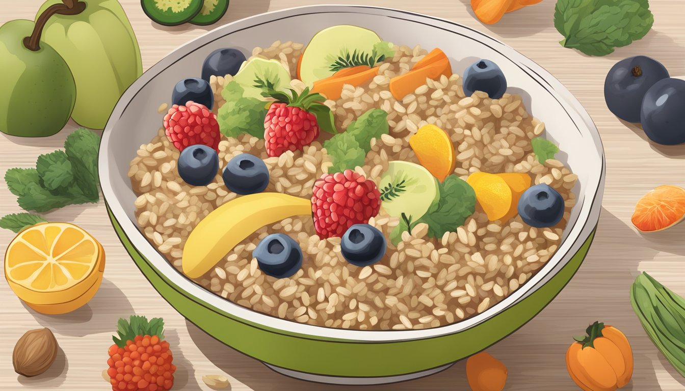 A bowl of wutsupbaby organic brown rice cereal surrounded by various fruits and vegetables, with a nutritional label in the background