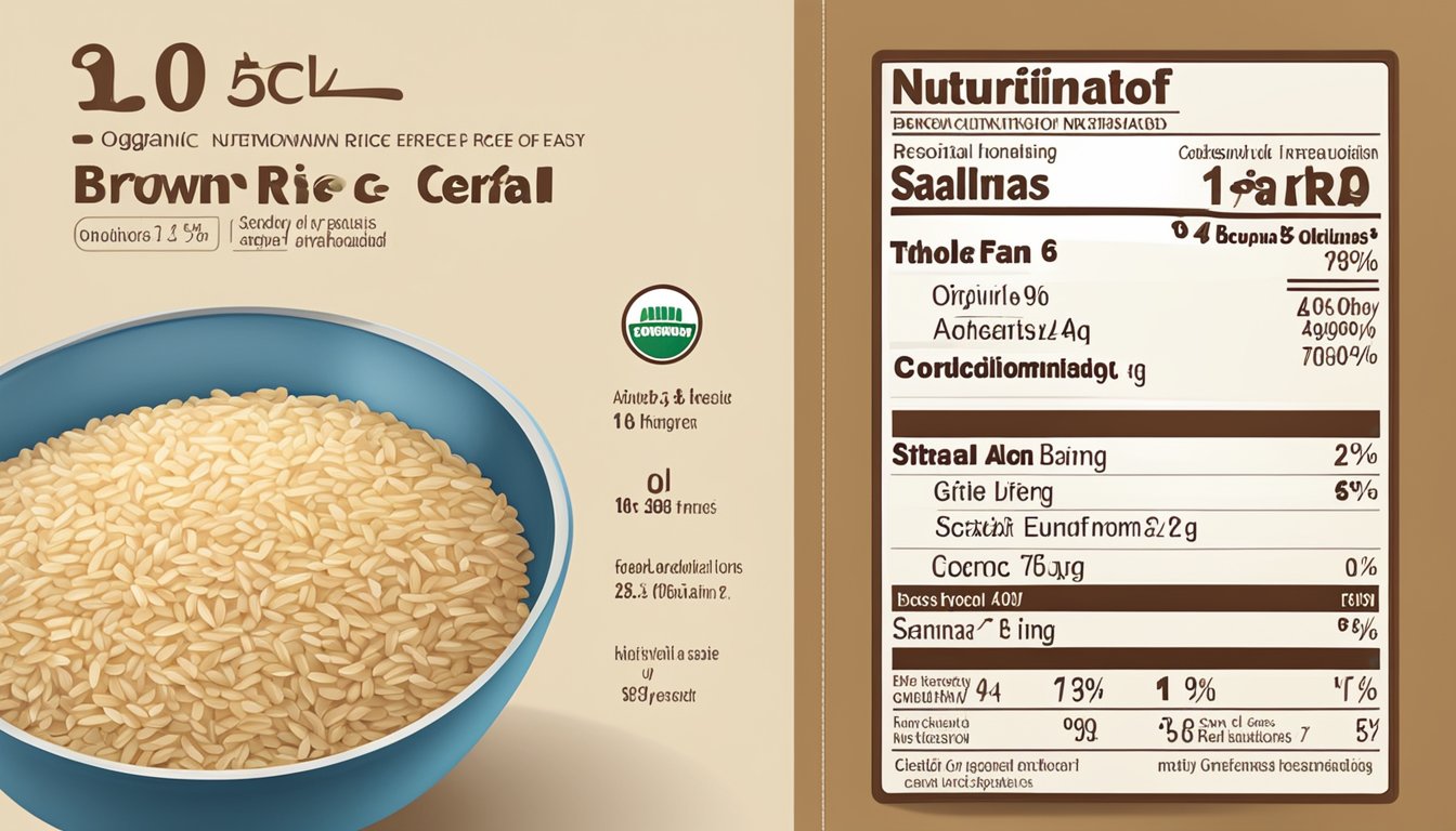 A bowl of organic brown rice cereal with a label showing nutritional information and quality and safety standards