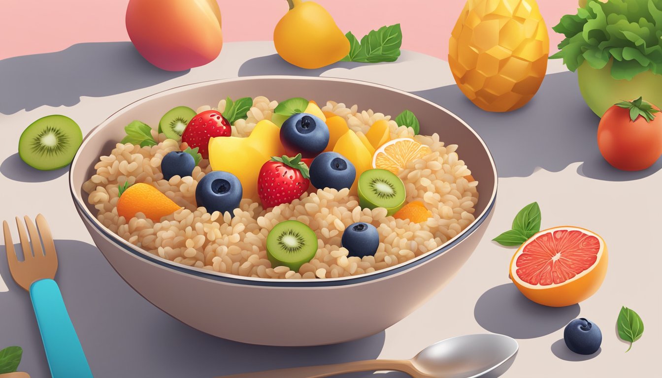 A colorful bowl of wutsupbaby organic brown rice cereal surrounded by fresh fruits and vegetables, with a bright, inviting backdrop