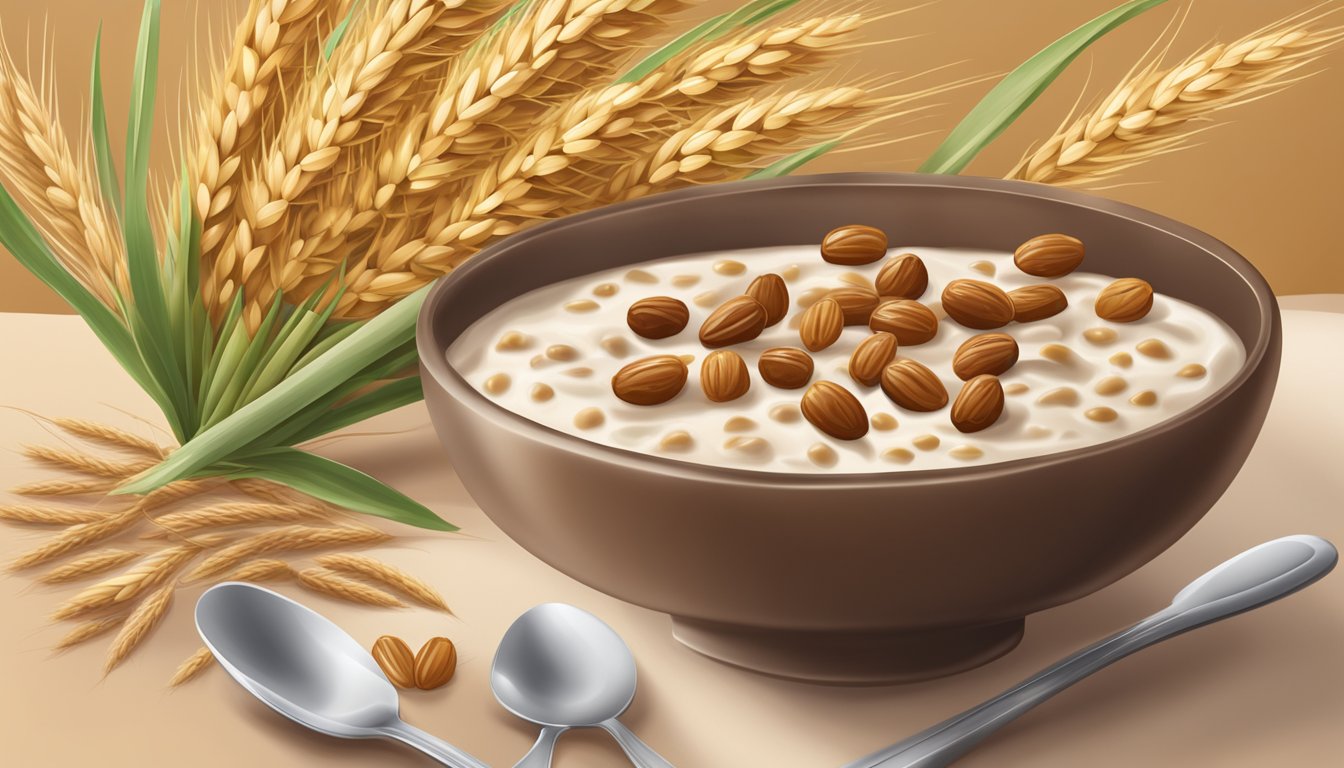 A bowl of Nestle Cerelac wheat and date cereal surrounded by fresh dates and wheat stalks