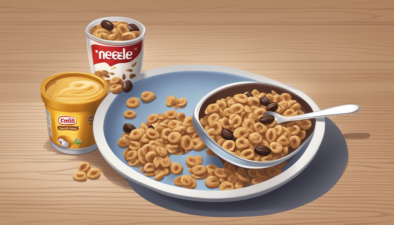 A bowl of Nestle Cerelac wheat and date cereal with a spoon beside it on a wooden table