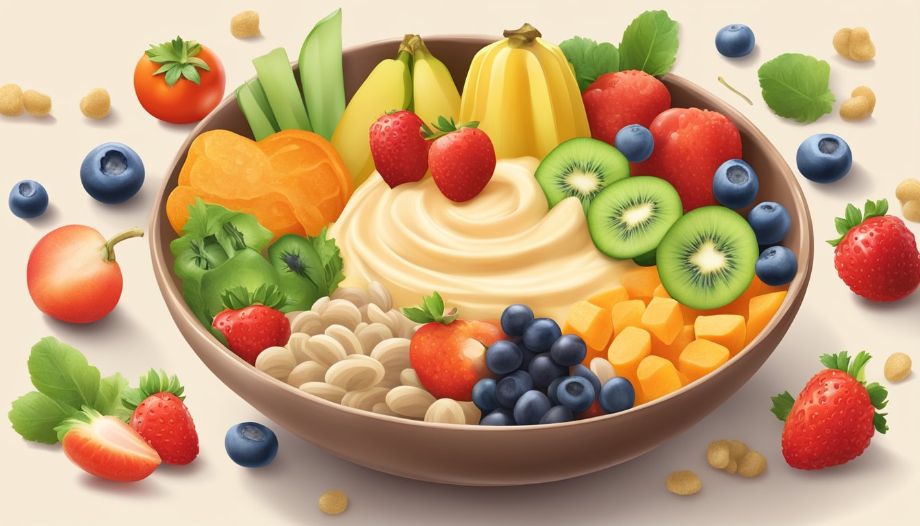 A colorful bowl of Yumi organic baby food cereal surrounded by fresh fruits and vegetables