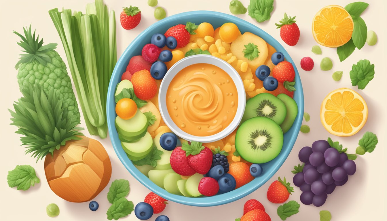 A colorful bowl of Yumi's organic baby food cereal surrounded by fresh fruits and vegetables